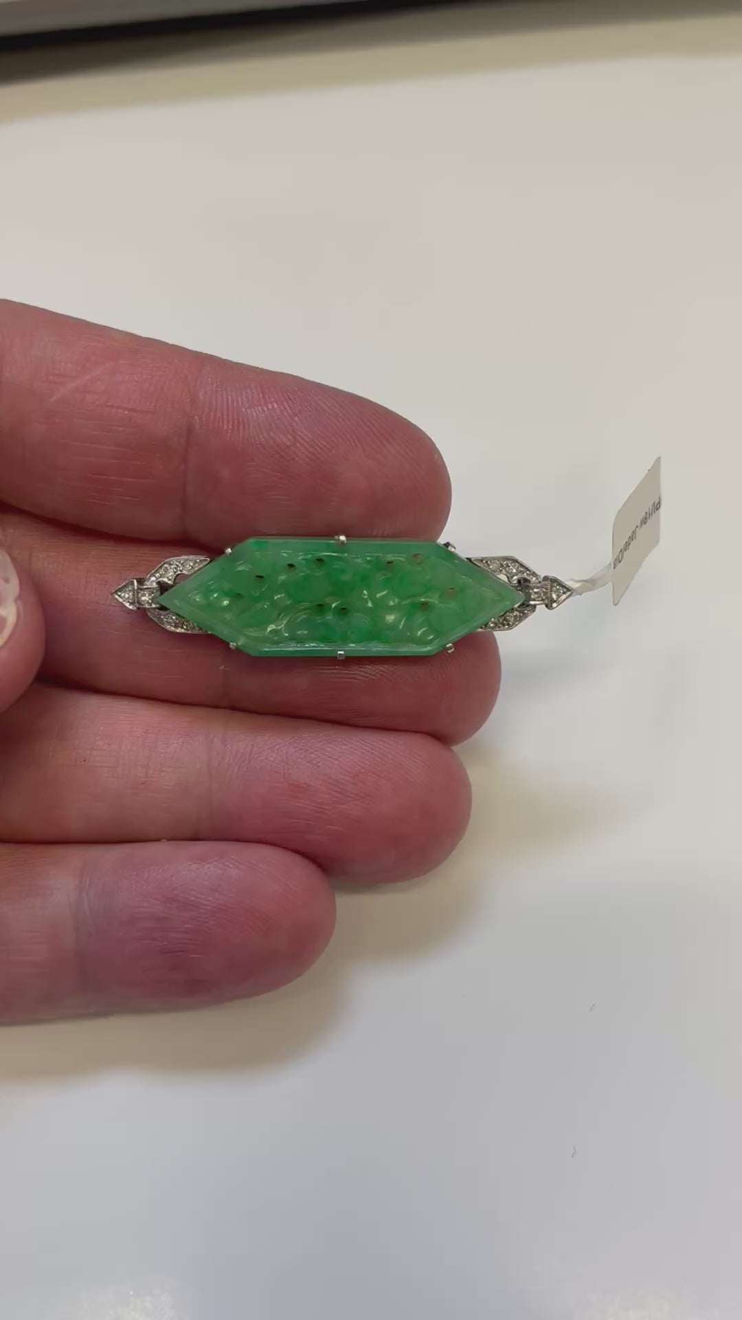Platinum, Diamond and Jade Panel Brooch