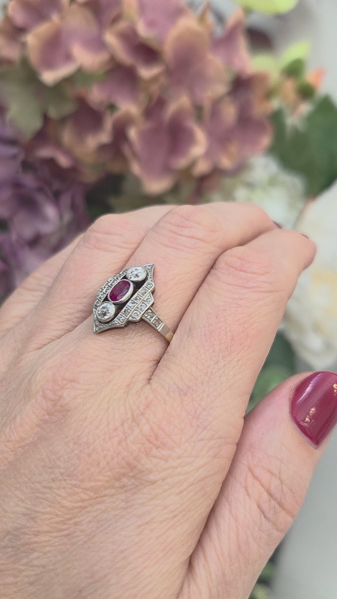 Antique Ruby and Diamond Three Stone Shield Cluster Plaque Ring
