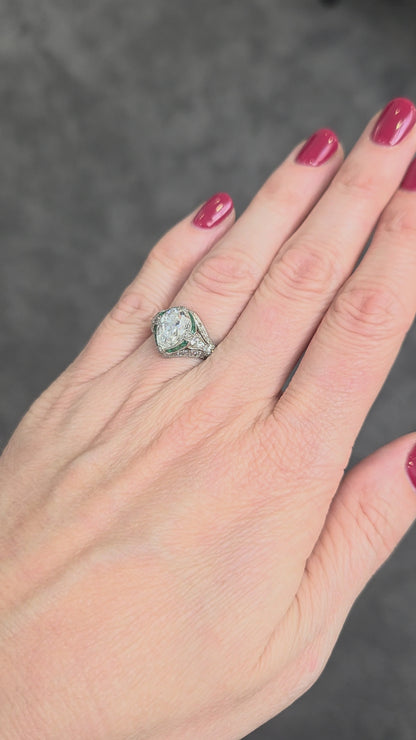 Edwardian Antique GIA 2.03ct Pear Shape Old Mine Cut Diamond and Emerald Target Cluster Engagement Ring in Platinum