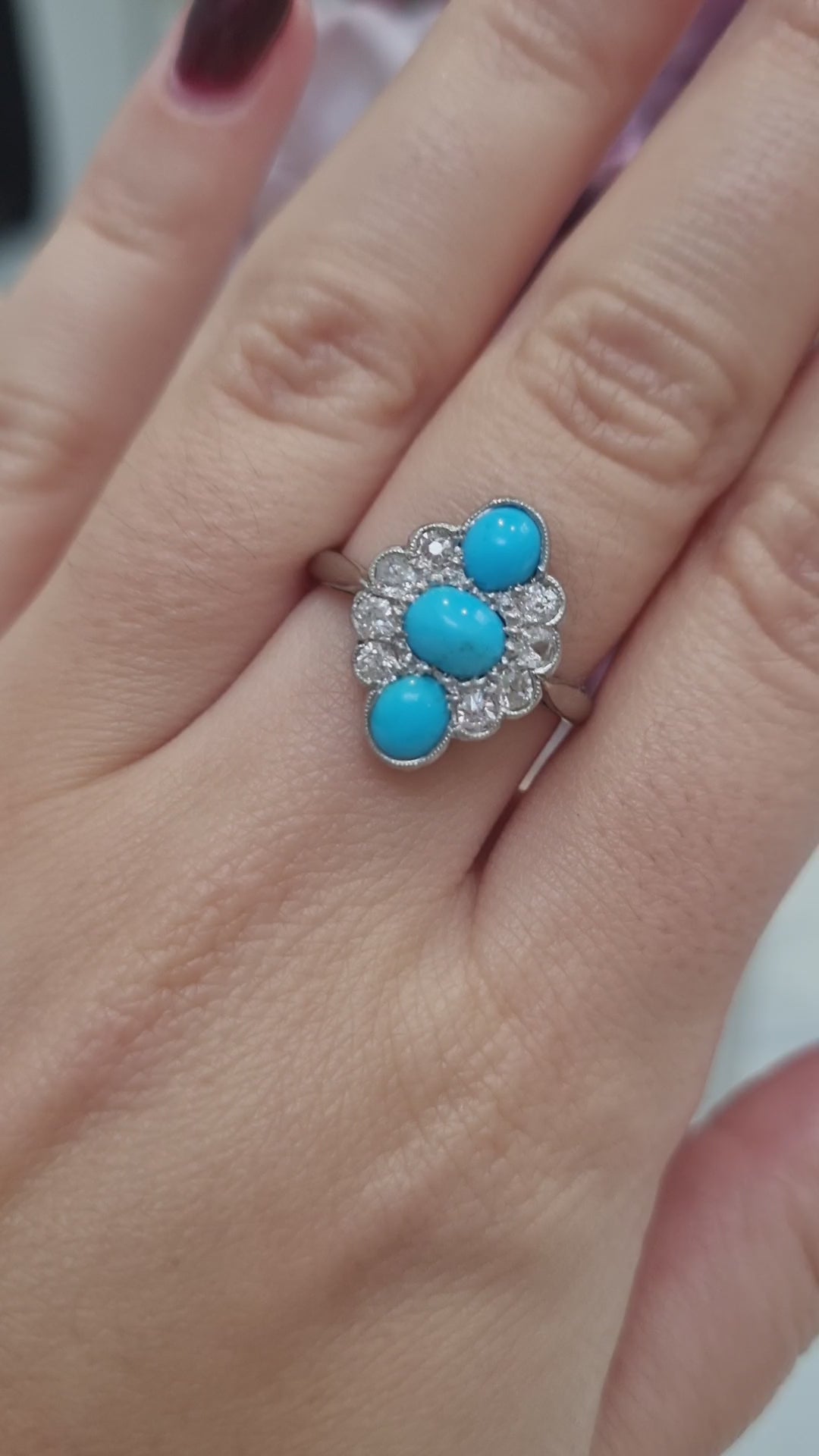 Art Deco Persian Turquoise and Old Cut Diamond Three Stone Plaque Ring