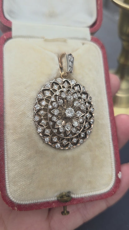 Victorian Antique 2.50ct Old Cut Diamond Oval Cluster Pendant-come-Brooch