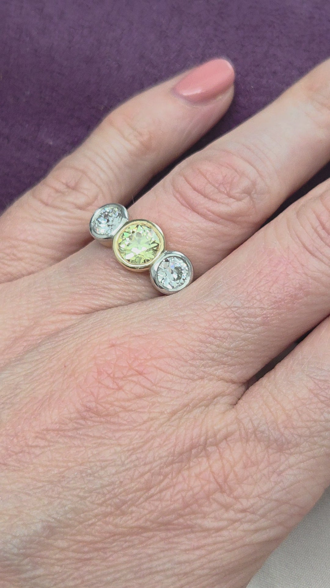 Edwardian Antique Yellow and White Diamond Three Stone Ring