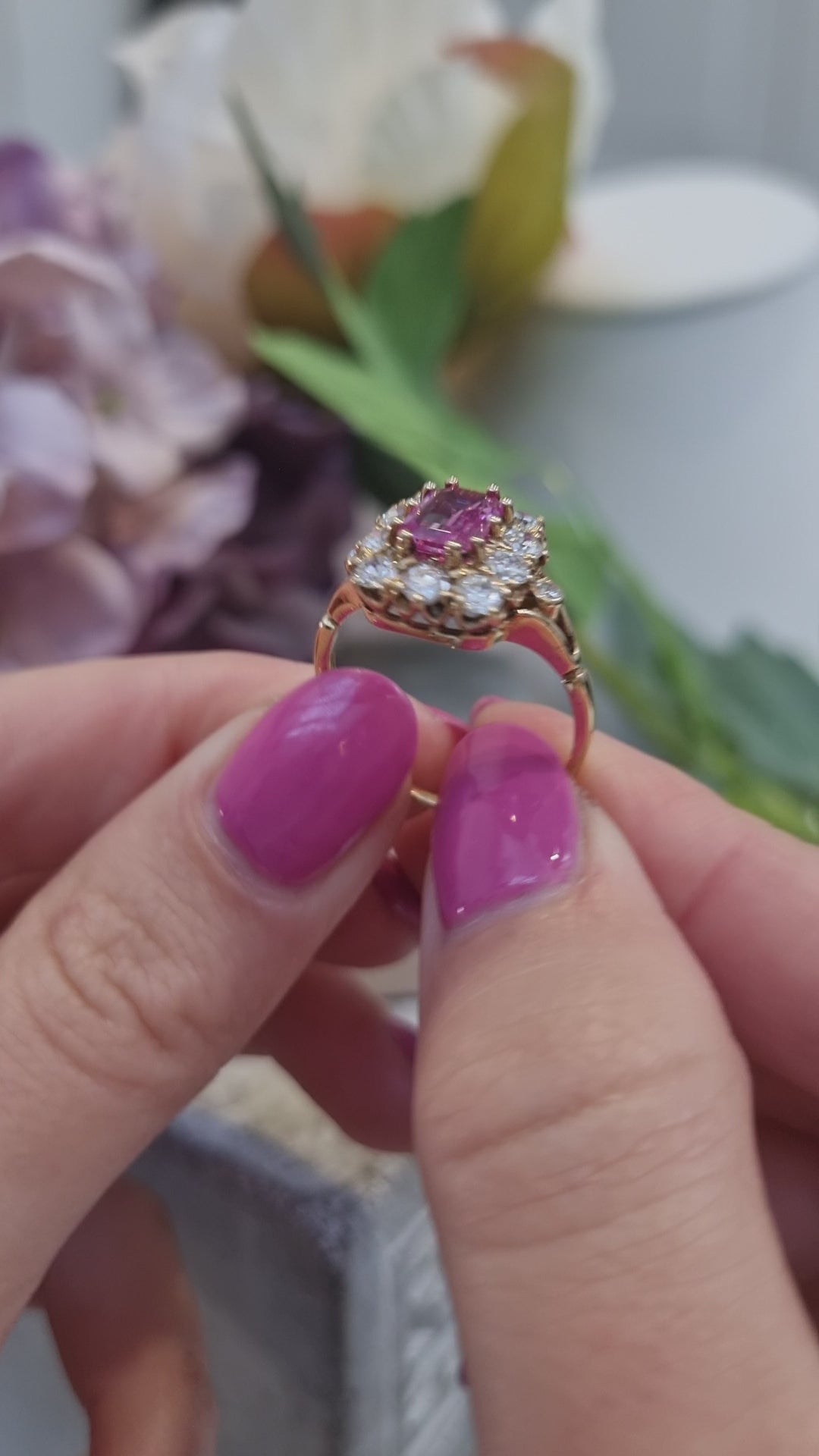 Antique Style Pink Sapphire and Diamond Crown Cluster Ring in Yellow Gold