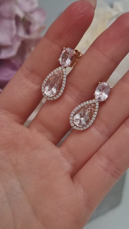 6.98 Pear Cut Morganite and Diamond Cluster Drop Earrings in Rose Gold