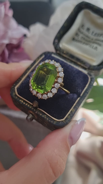 Vintage 6cts Peridot and Diamond Cluster Dress Cocktail Ring, Circa 1940s