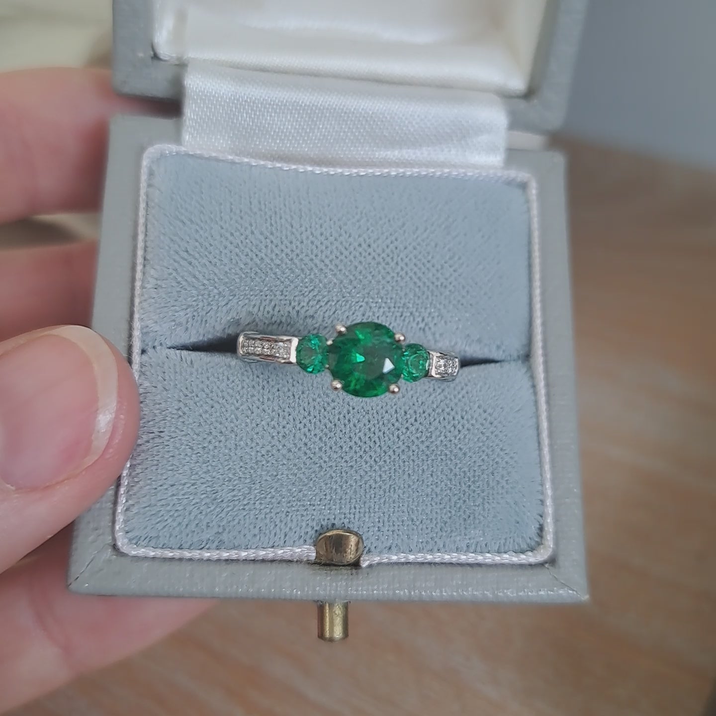 Modern 1.44ct Colombian Emerald Three Stone Engagement Ring