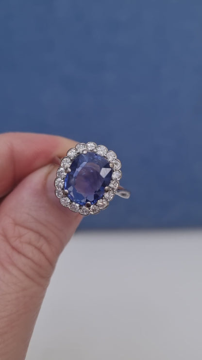 Art Deco 4.30ct Ceylon No Heat Sapphire and Diamond Cluster Engagement Ring