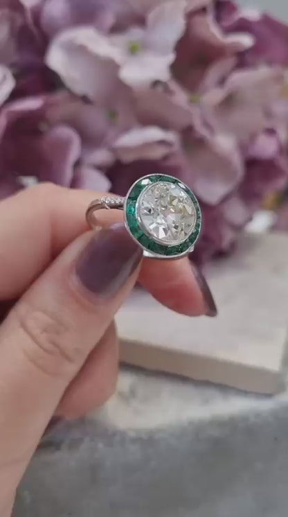 3.30ct Old Cut Diamond and Emerald Halo Cluster Engagement Ring