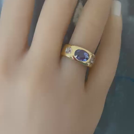 Vintage Certified 2.10ct Ceylon Sapphire and Diamond Three Stone Gypsy Ring
