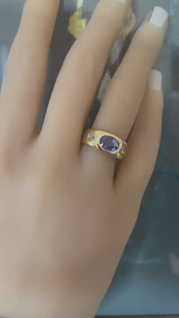 Vintage Certified 2.10ct Ceylon Sapphire and Diamond Three Stone Gypsy Ring
