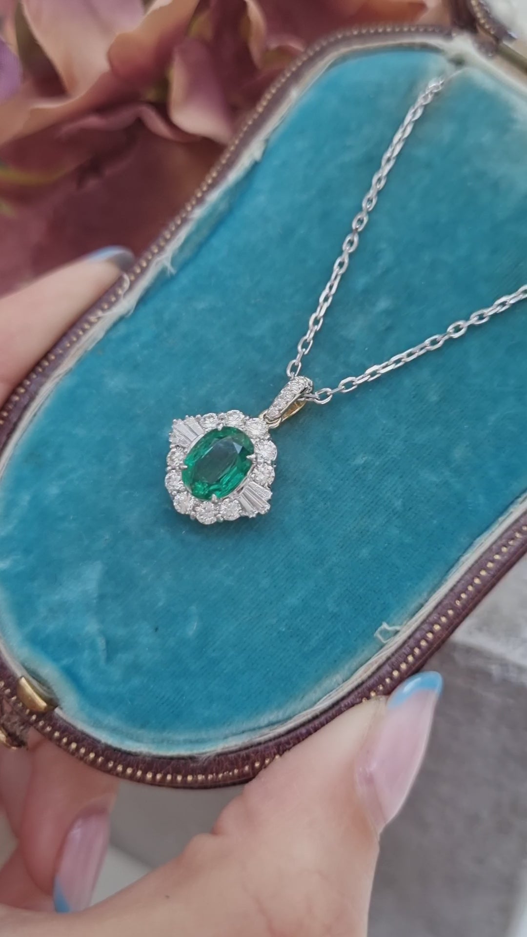 1.27ct Oval Emerald and Diamond Pendant with Chain