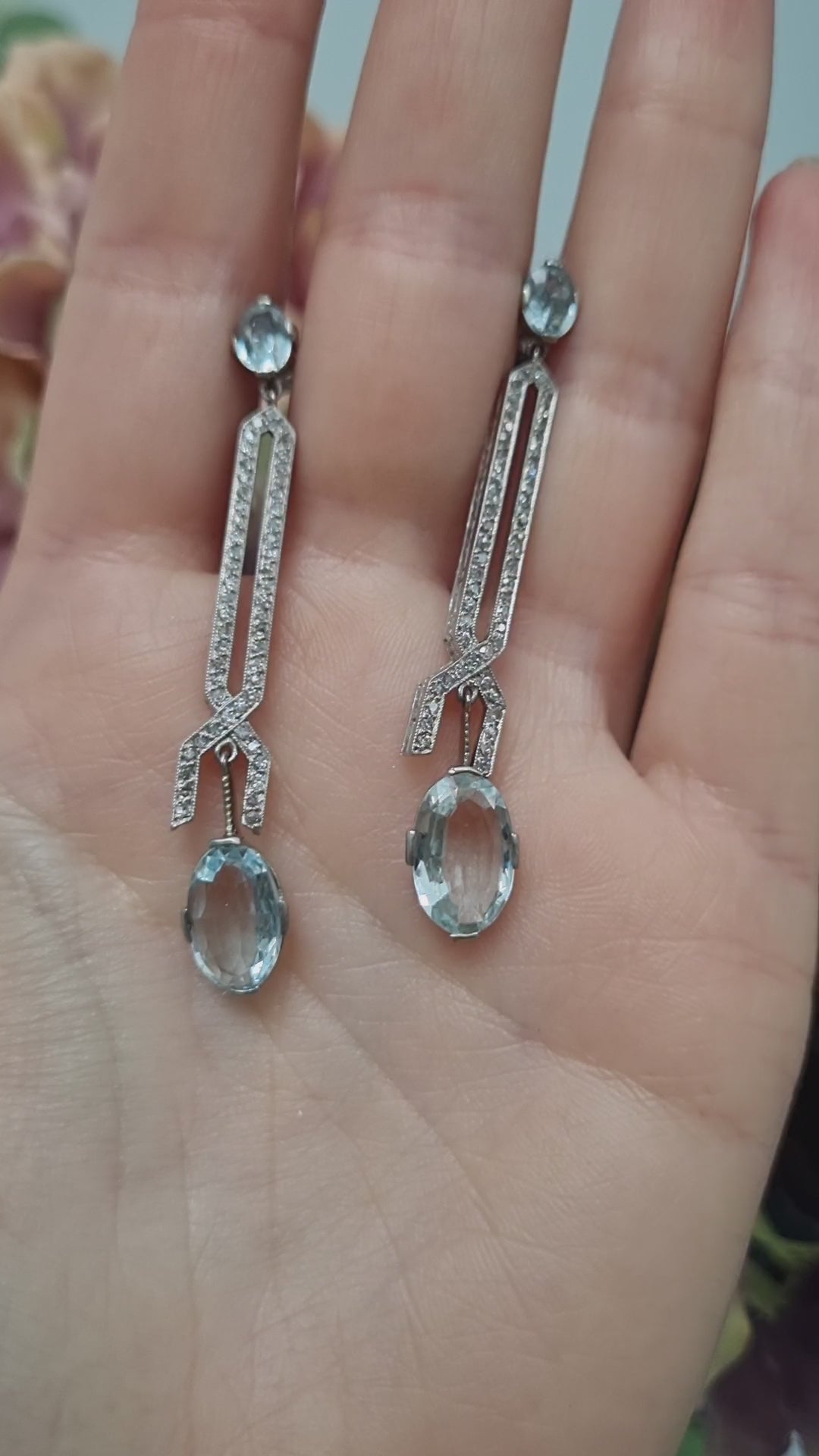 Art Deco Aquamarine and Diamond Drop Earrings in Platinum