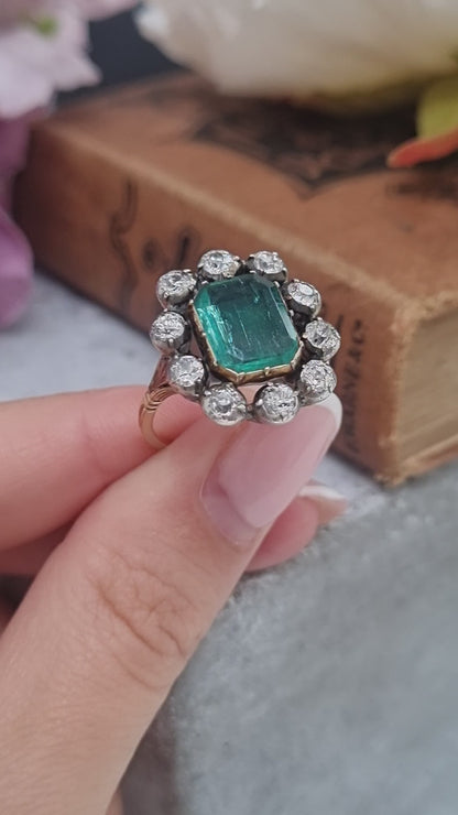 Victorian Antique Emerald and Diamond Cluster Ring