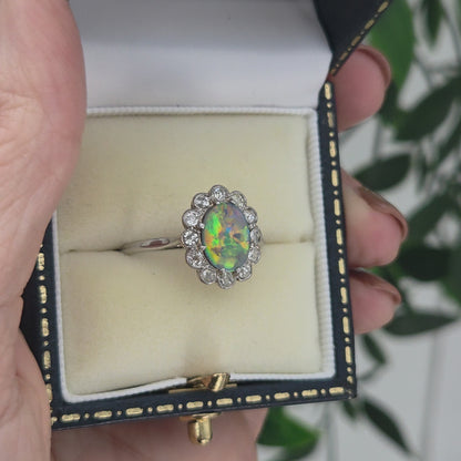 Antique Black Opal and Old Cut Diamond Cluster Engagement Ring in Platinum