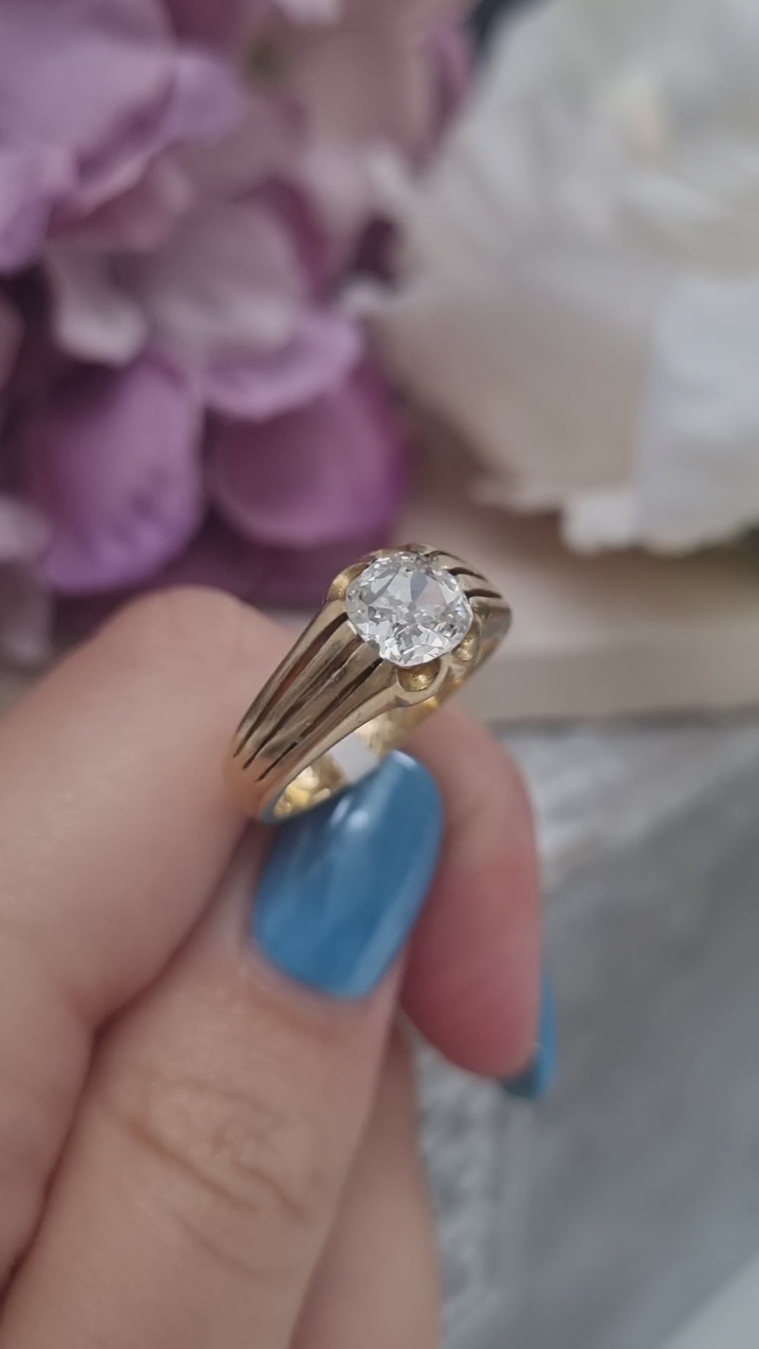 Antique Cushion Old Mine Cut Diamond Solitaire Gypsy Ring
