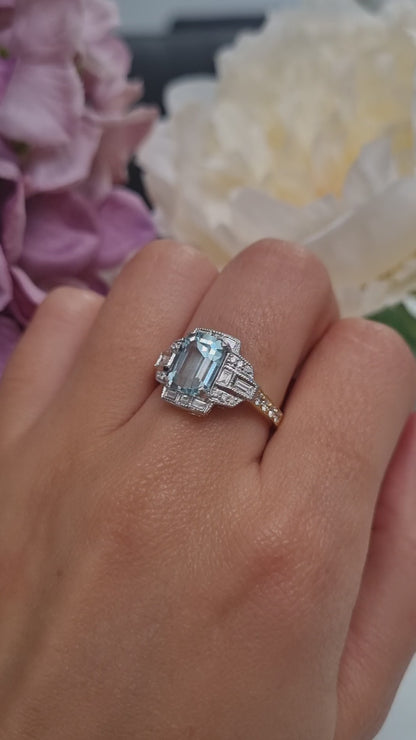 2.34ct Emerald Cut Aquamarine and Diamond Cluster Ring