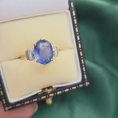 Vintage 3.7ct Oval Sapphire and Baguette Diamond Engagement Ring