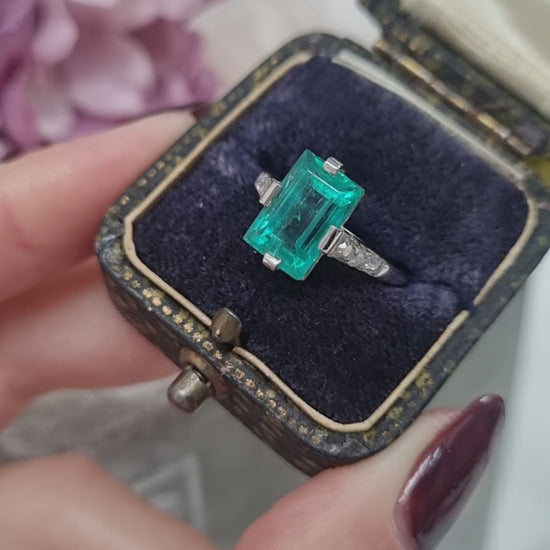 Art Deco 2.3ct Colombian Emerald Solitaire Engagement Ring, Diamond Shoulders, Platinum