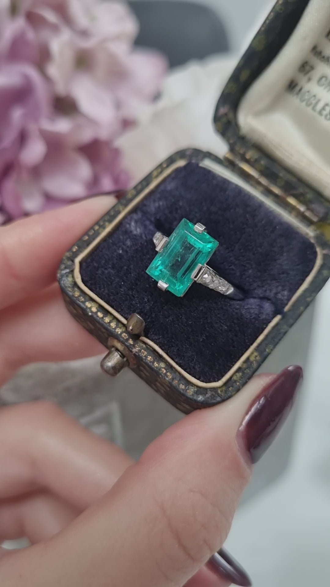 Art Deco 2.3ct Colombian Emerald Solitaire Engagement Ring, Diamond Shoulders, Platinum