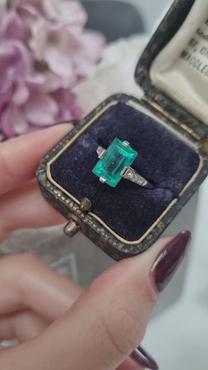 Art Deco 2.3ct Colombian Emerald Solitaire Engagement Ring, Diamond Shoulders, Platinum