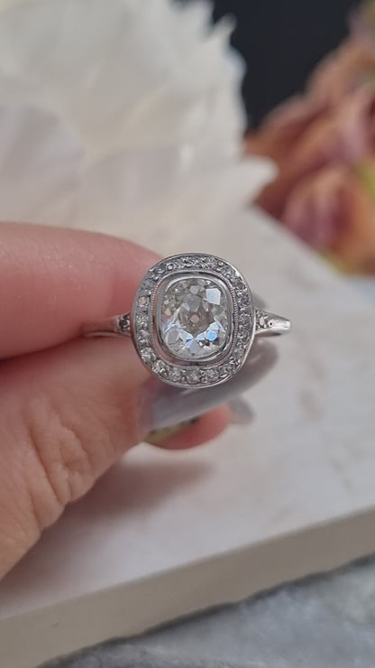 Antique 1.50ct Cushion Diamond Halo Cluster Engagement Ring