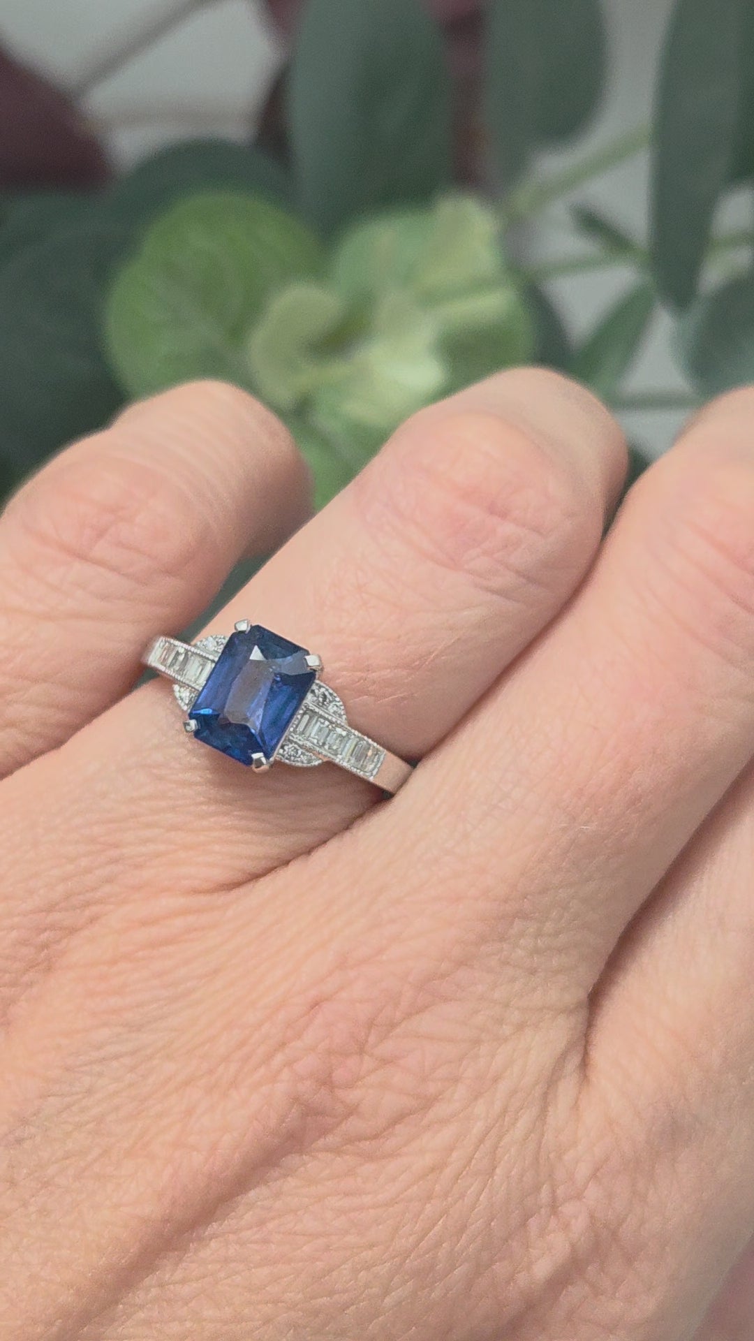 2.18ct Emerald Cut Sapphire and Baguette Diamond Engagement Ring
