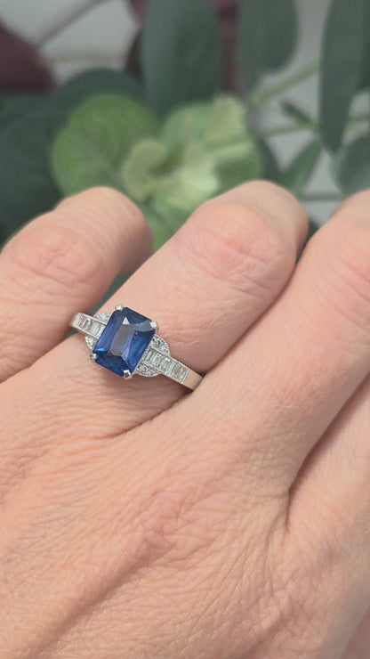 2.18ct Emerald Cut Sapphire and Baguette Diamond Engagement Ring