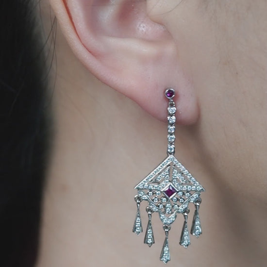 Ruby and Diamond Cluster Drop Earrings with Fringe Pendant Drops