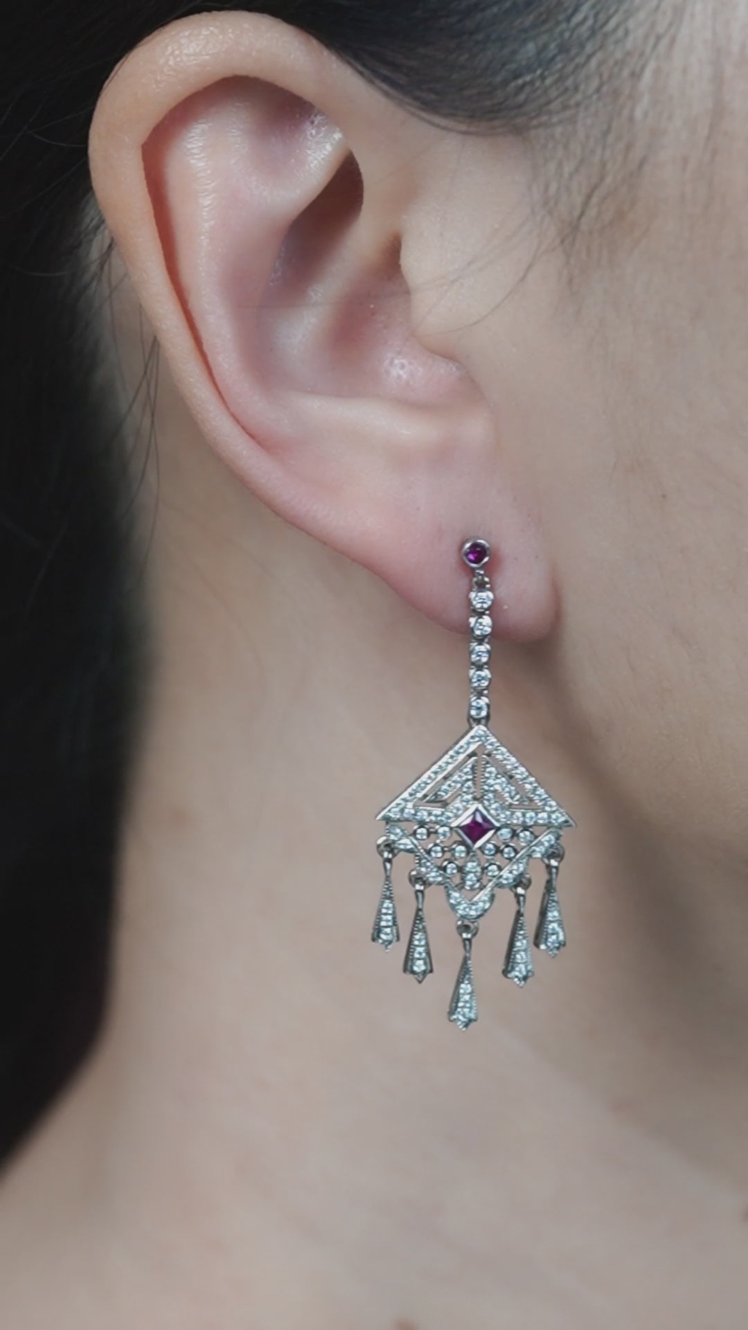 Ruby and Diamond Cluster Drop Earrings with Fringe Pendant Drops