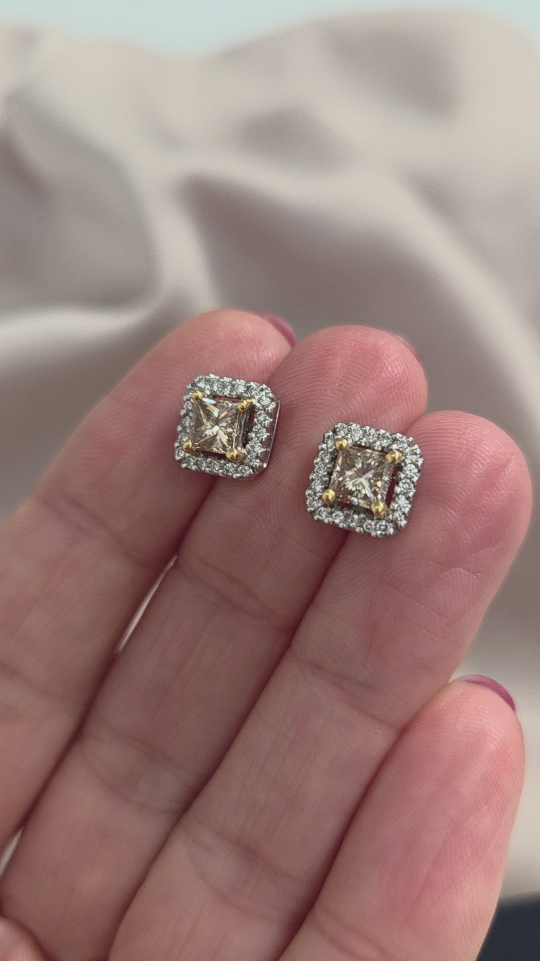 1.02ct Princess Cut Yellow Diamond and White Diamond Cluster Stud Earrings