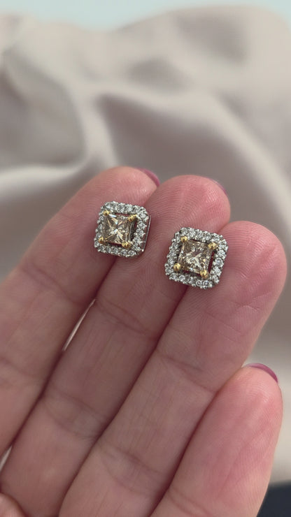 1.02ct Princess Cut Yellow Diamond and White Diamond Cluster Stud Earrings