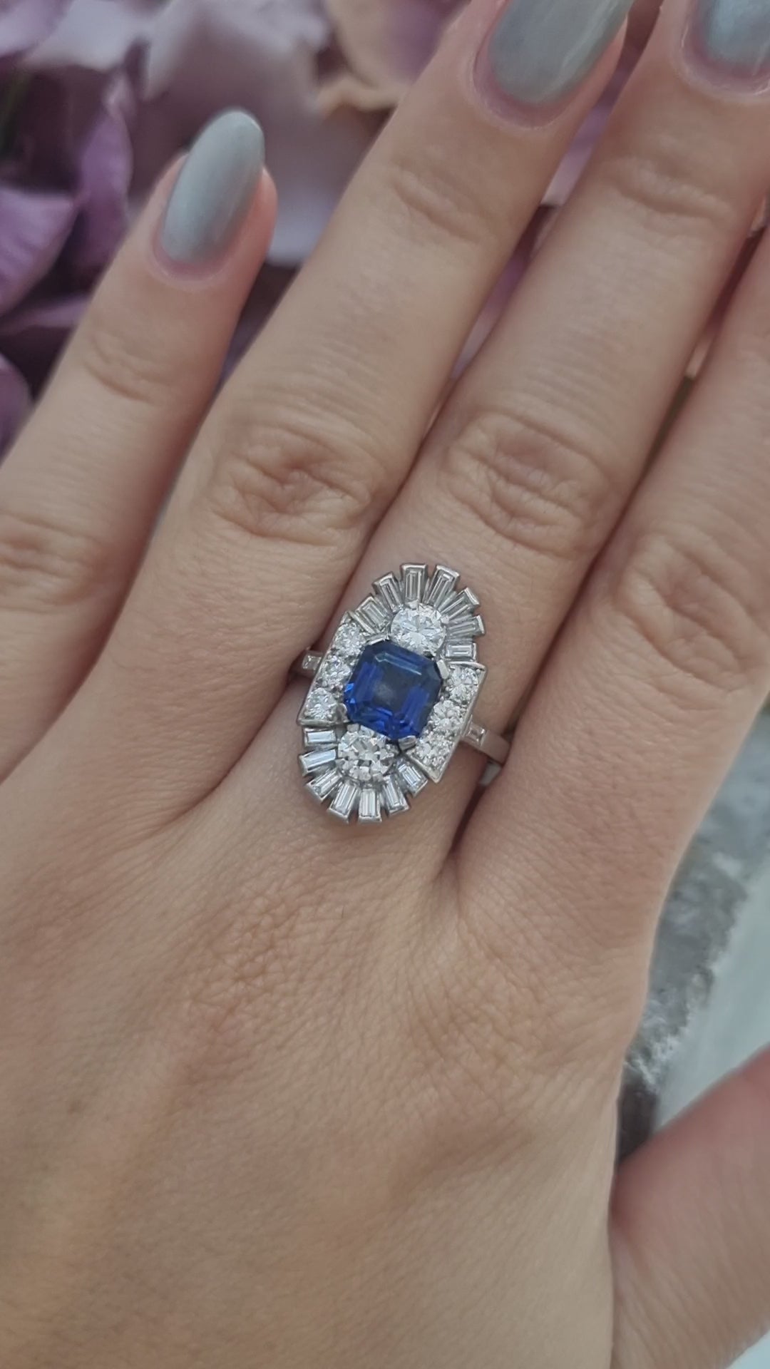 Art Deco Sapphire and Diamond Three Stone Cluster Plaque Ring