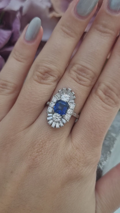 Art Deco Sapphire and Diamond Three Stone Cluster Plaque Ring