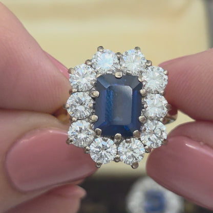 Vintage 2.11ct Natural No Heat Sapphire and 2ct Diamond Cluster Engagement Ring