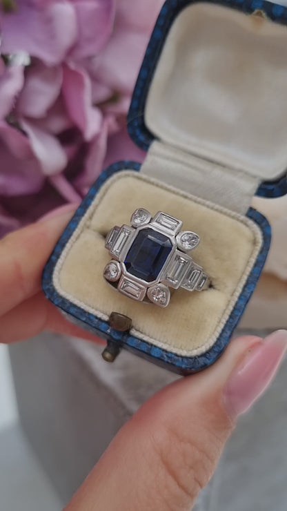 Art Deco Sapphire and Baguette Diamond Cluster Engagement Ring