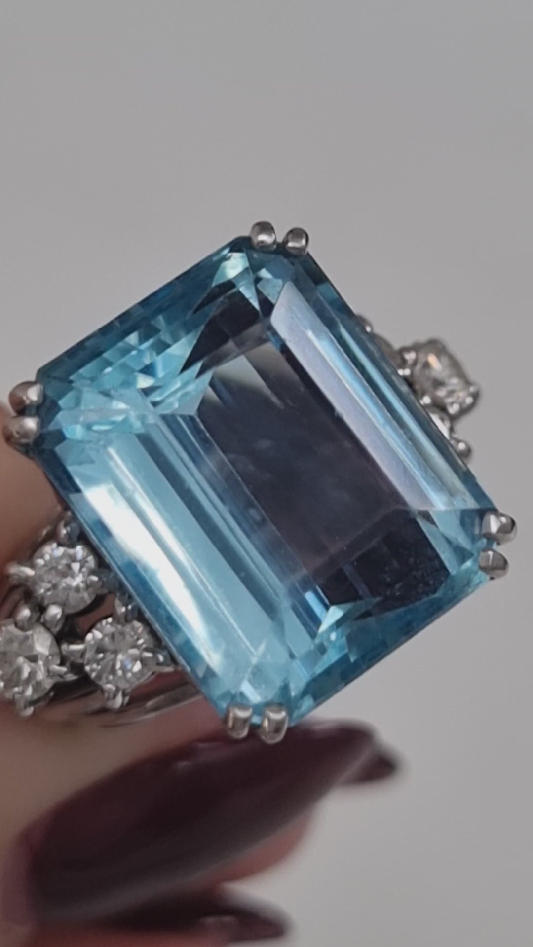 Vintage 13cts Emerald Cut Aquamarine and Diamond Cocktail Ring