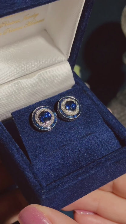 Ceylon Sapphire and Diamond Double Halo Stud Earrings