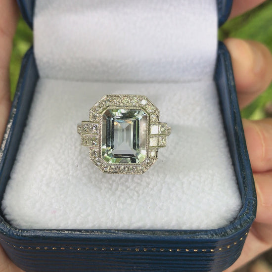 2.90ct Emerald Cut Aquamarine and Diamond Cluster Engagement Ring in 14ct Gold