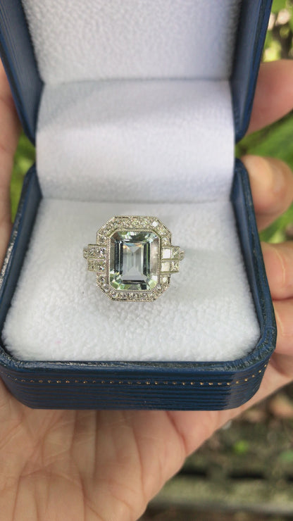 2.90ct Emerald Cut Aquamarine and Diamond Cluster Engagement Ring in 14ct Gold
