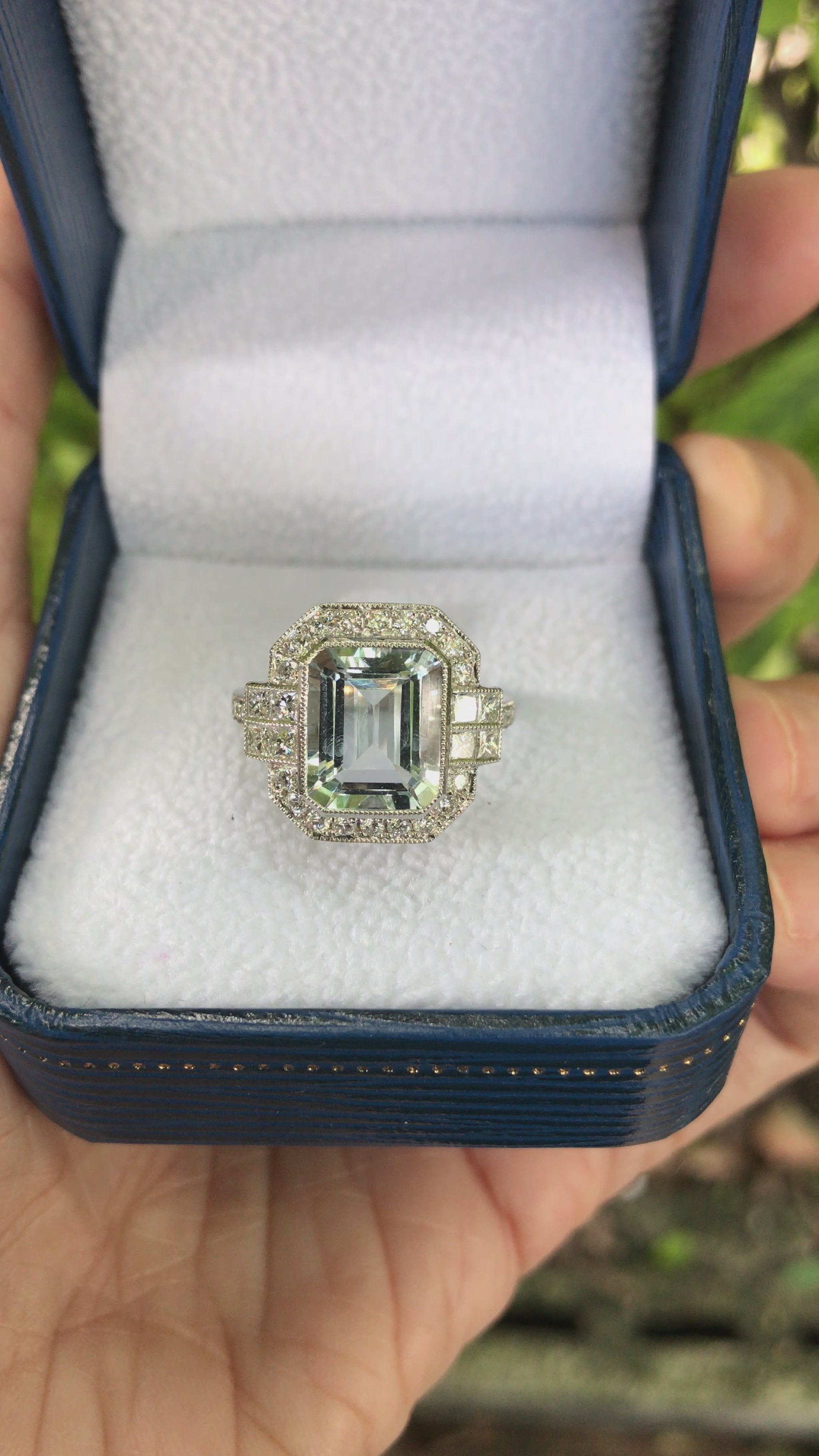 2.90ct Emerald Cut Aquamarine and Diamond Cluster Engagement Ring in 14ct Gold