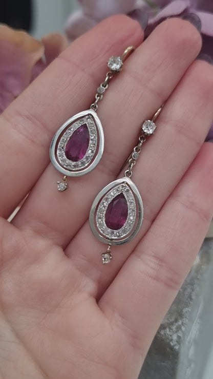 Art Deco Pear Shaped Ruby and Diamond Drop Earrings