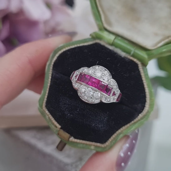 Art Deco Burma Ruby and Diamond Cluster Dress Ring