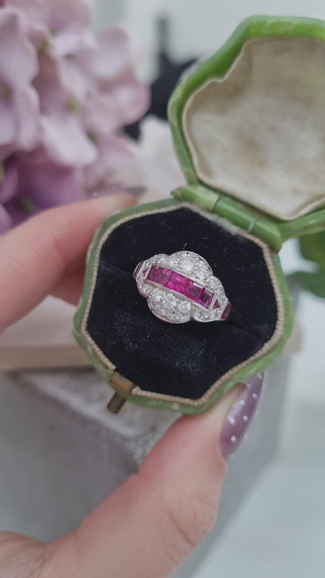 Art Deco Burma Ruby and Diamond Cluster Dress Ring