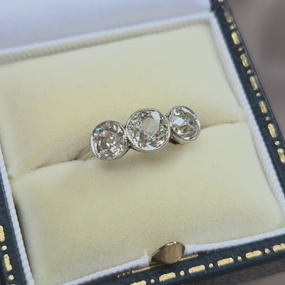 Antique 1.8ct Old European Cut Diamond Three Stone Engagement Ring