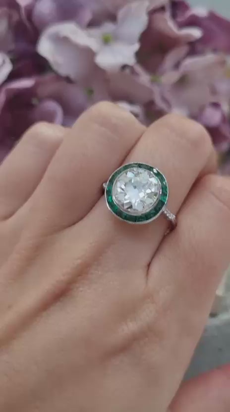 3.30ct Old Cut Diamond and Emerald Halo Cluster Engagement Ring