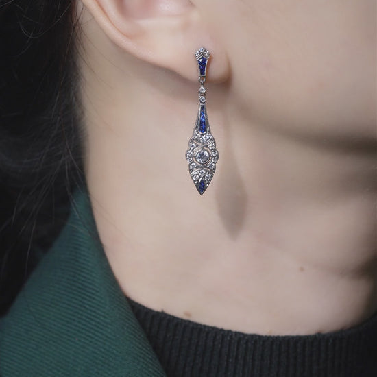 Modern Pair of Sapphire and Diamond Drop Earrings in 14ct White Gold