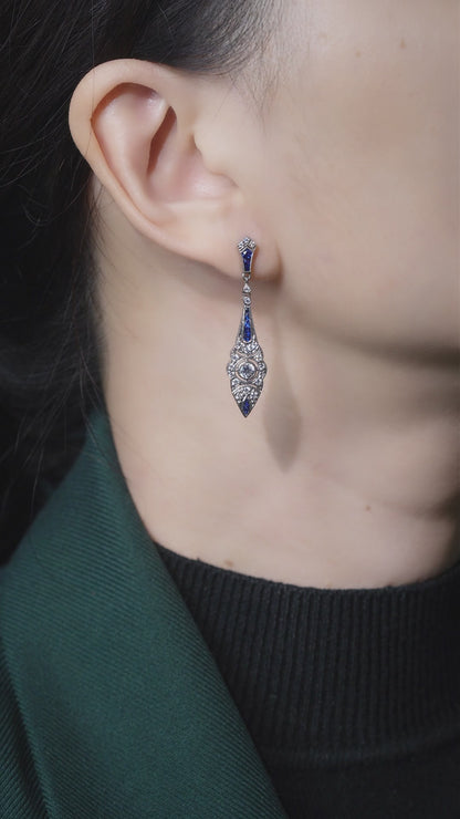Modern Pair of Sapphire and Diamond Drop Earrings in 14ct White Gold