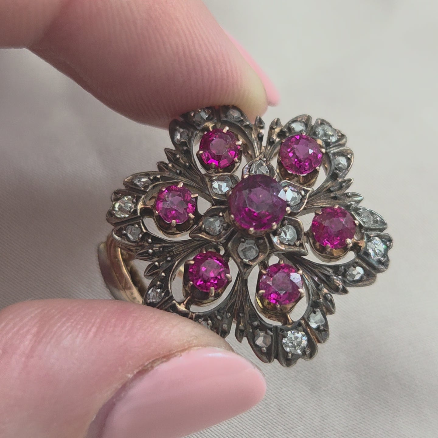 Antique Natural Ruby and Diamond Floral Cluster Pendant