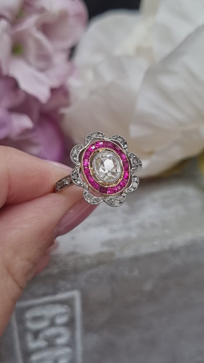 Fine Antique Belle Époque Old-Cut Diamond and Ruby Target Ring