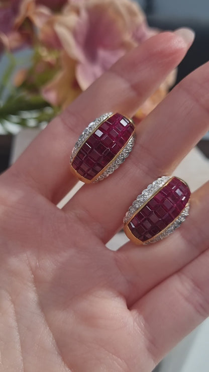 Vintage 18 Carat Yellow Gold Ruby and Diamond Convertible Stud and Clip-on Earrings